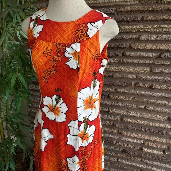Vintage 60s Hawaiian Orange Floral Tiki Barkcloth Maxi Dress from Penney's - Picture 8 of 11